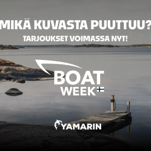 Taustalla järvimaisemaa ja tyhjä laituri. Alalaidassa Yamarin-logo, keskellä Boat Week Suomi -logo ja ylhäällä teksti "Mitä kuvasta puuttuu? Tarjoukset voimassa nyt"
