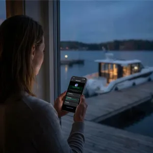 A woman with a cell phone standing by the window at dusk. Yamarin’s Aura Cabin is visible from the window.