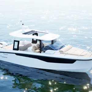 Yamarin Aura Lounge motorboat render photo in sunlight