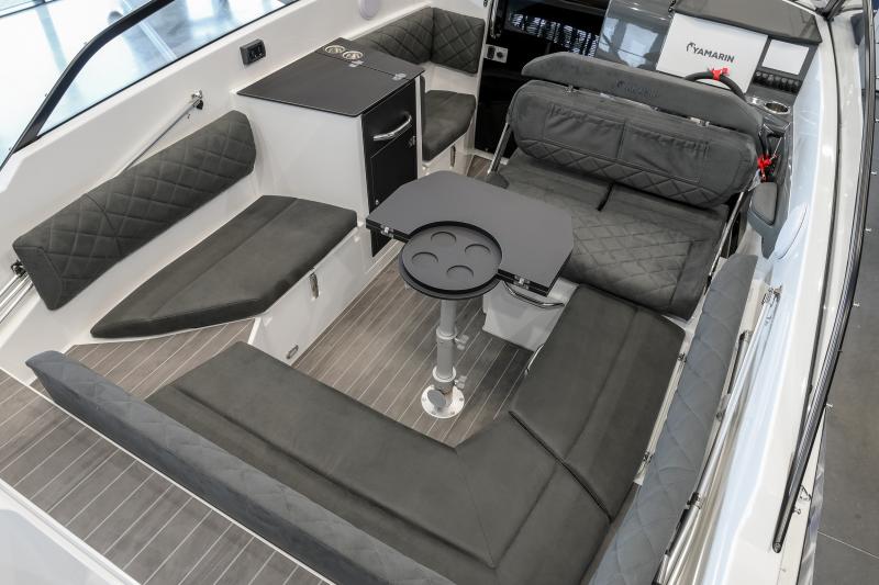 Yamarin 67 Day Cruiser cockpit with dark grey Niroxx upholstery