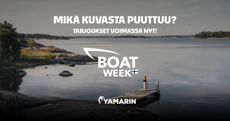 Taustalla järvimaisemaa ja tyhjä laituri. Alalaidassa Yamarin-logo, keskellä Boat Week Suomi -logo ja ylhäällä teksti "Mitä kuvasta puuttuu? Tarjoukset voimassa nyt"