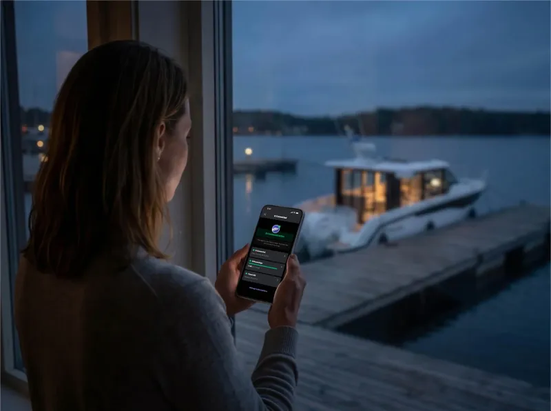 A woman with a cell phone standing by the window at dusk. Yamarin’s Aura Cabin is visible from the window.