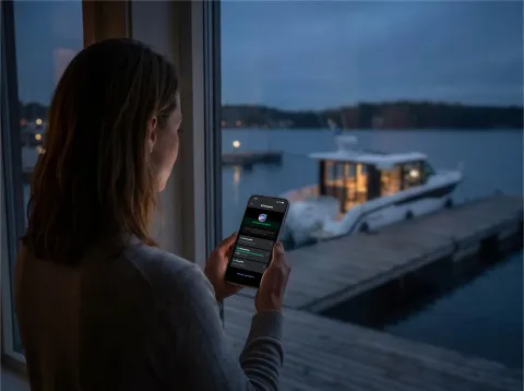 A woman with a cell phone standing by the window at dusk. Yamarin’s Aura Cabin is visible from the window.