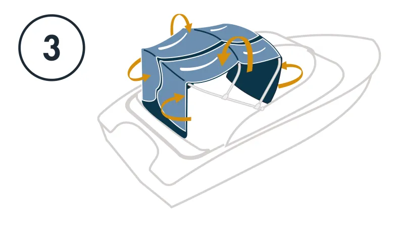A sketch of a boat with the canopy partially open. In addition, orange arrows indicate the direction of folding.