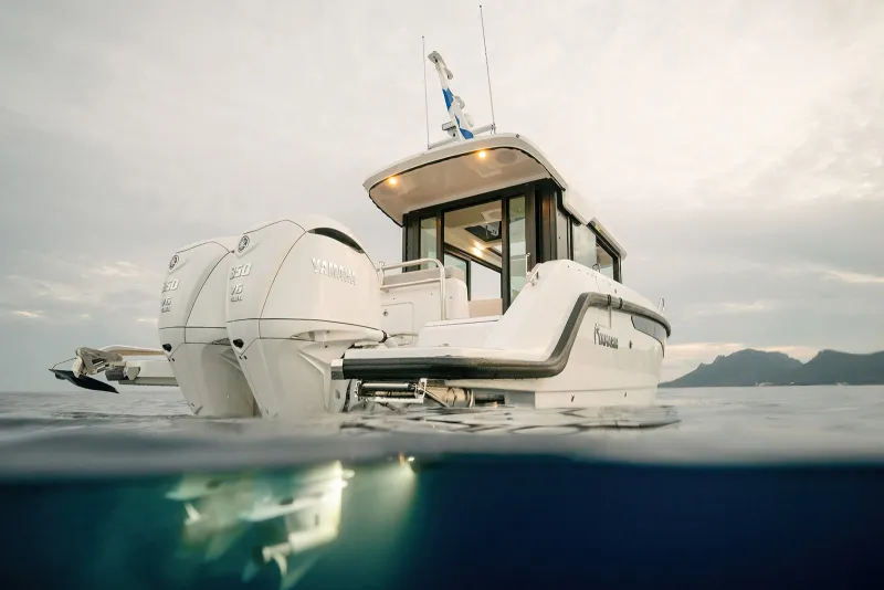 Yamarin Aura Cabin view from transom, double Yamaha engines