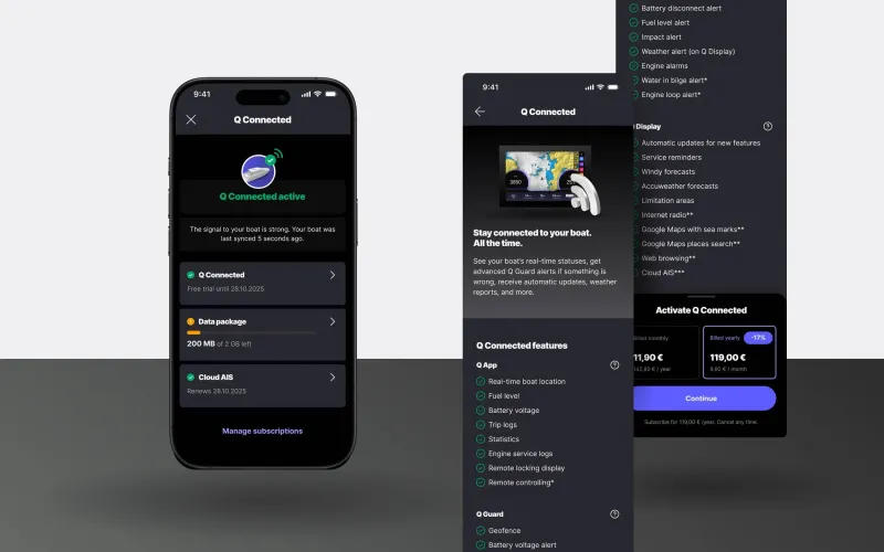 A phone screen with the Yamarin app open. There are two menus on the right side of the phone.