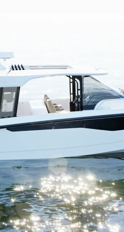 Yamarin Aura Lounge motorboat render photo in sunlight